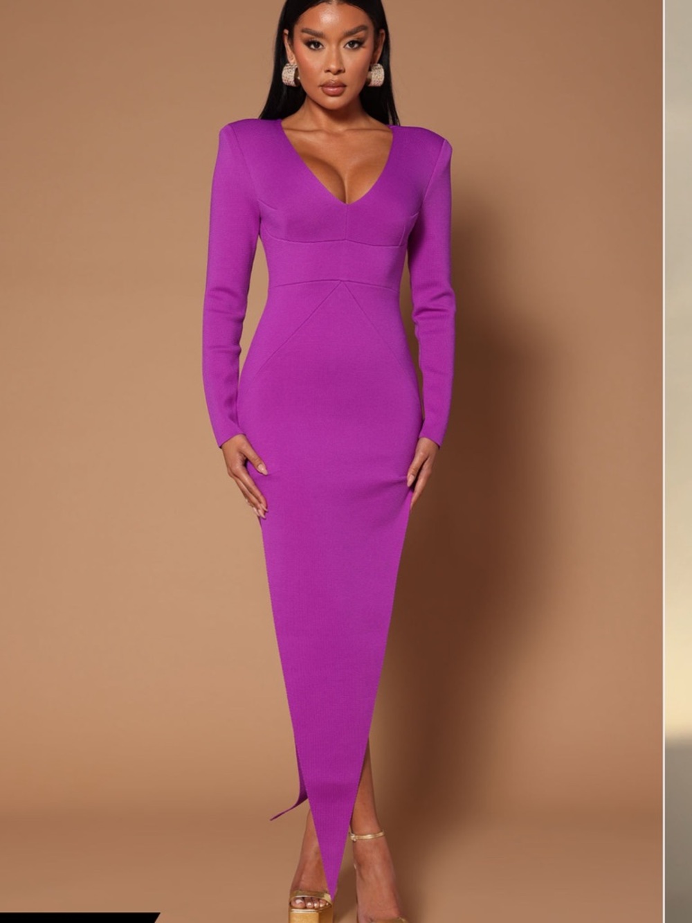 Fashion Nova V-Neck Long Sleeve Maxi Dress in Bright Purple